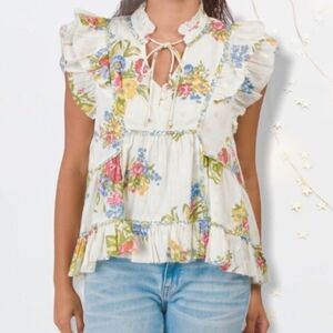 Anthropologie Love The Label Floral Helena Bohemian Top Ivory XS Small NWT